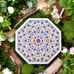 Table basse octogonale en marbre avec incrustation de nacre de luxe, plateau de table en marbre blanc artisanal avec incrustation florale - Product Image 1