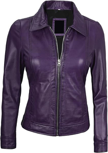 เสื้อแจ็กเก็ตหนังแกะแท้สำหรับผู้หญิงแขนยาวมีกระเป๋าด้านหน้าสองข้างผ้าแคนวาสสีม่วงผลิตภัณฑ์สำเร็จรูปตามสั่ง - Product Image 2