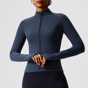 <b>Women's</b> Full Sleeve Zip-Up Yoga <b>Top</b> Solid <b>Navy</b> Blue Turtleneck Active Stretch Sport Wear Regular Fit - Product Image 1
