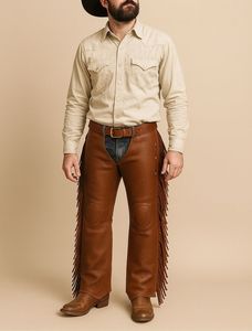 Chaps de cowboy en cuir véritable brun faits à la main avec franges, chaps d'équitation pour hommes - Product Image 2