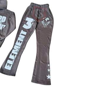 Custom Brown Rhinestone <b>Tracksuit</b> Men <b>Y2K</b> Zip Up Hoodie And Stacked Flare Sweatpants Streetwear Set - Product Image 2