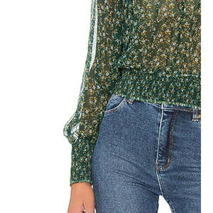 Top Peplum in Chiffon e Seta Verde per Donna Free People, Formale con Stampa Floreale, Maniche Lunghe, Colletto alla Coreana, Taglia XL - Product Image 3