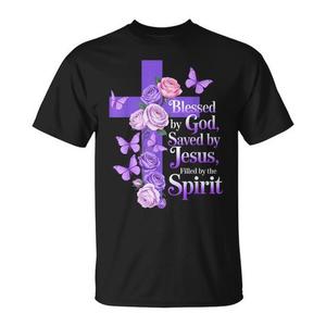 T-shirt Promozionale Cristiana con Croce e Farfalla: Benedetto da Dio, Salvato da Gesù - Product Image 1