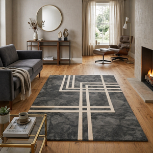 Luxury Modern Geometric Line Pattern Hand-Tufted Premium Black/Beige Abstract Area Rug for Living Room & Bedroom - Product Image 5