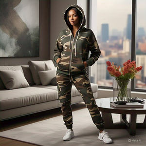 Conjunto Deportivo de Dos Piezas para Mujer, Sudadera con Capucha y Pantalones Deportivos, Estampado de Camuflaje por Sublimación, Invierno, Ecológico, Tela Gruesa de 380 GSM - Product Image 5