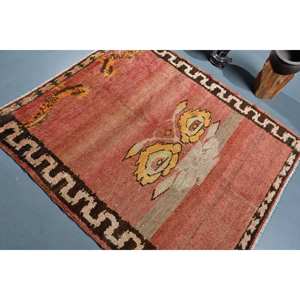 Vintage Turkish Rug Classic <b>Red</b> Brown 4.9x5.4ft Large Area Wool <b>Latex</b> Backing Patchwork Pattern 10mm for Hallway Rectangle New - Product Image 4