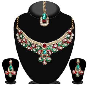 Soha Fashion <b>Fine</b> <b>Jewelry</b> <b>Set</b> Red Stone Maang Tikka and Necklace - Product Image 1