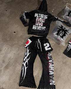 ชุดเซ็ตสเวตสูทผู้ชายแบบสองชิ้น ปักลาย апплика  ทรงโอเวอร์ไซส์ สไตล์สตรีท ล้างสีแบบแอซิดวอช ประกอบด้วยกางเกงขายาวและเสื้อฮู้ด - Product Image 5