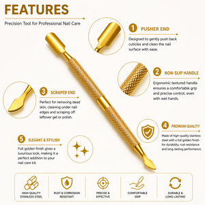 Premium Gold <b>Nail</b> Cuticle Pusher Remover Tool Stainless Steel Double Ended Manicure Pedicure <b>Nail</b> <b>Cleaner</b> - Product Image 2