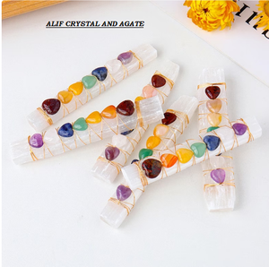 Palos de selenita de siete chakras naturales, alambre envuelto con pequeños corazones, chacra de alta calidad, gran oferta - Product Image 3