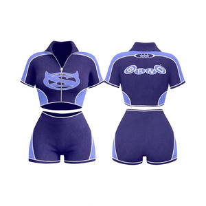 Ensemble shorty femme en poly-spandex haute élasticité 230 GSM, bleu avec empiècements contrastants blancs, logo sublimé, vêtements de sport personnalisés - Product Image 2