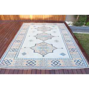 Alfombra Turca Vintage Grande de 6.7x8.5 pies, Alfombra de Lana Azul - Product Image 1