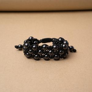 Pulsera de macramé Shambhala de shungita de 3 filas con 35 cuentas redondas pulidas de 0.32 pulgadas (8 mm) en un cordón negro, tamaño ajustable 15-25 - Product Image 1