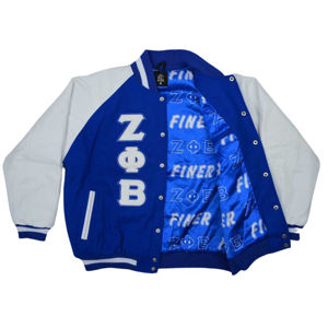 Zeta Phi Beta Sorority Letterman Varsity Jacket Transpirable 100% Poliéster Bordado Azul Cuerpo Blanco Mangas Chenille - Product Image 3