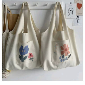 Floral Graphic Cotton Canvas Tote Set With Front Pocket Design In Natural <b>White</b> Featuring Pastel Colour Artwork For Daily Carry - Product Image 1