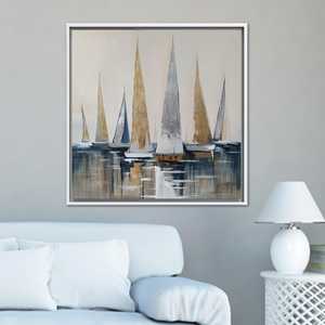 Impression sur toile de voilier abstrait : art mural côtier doré et gris, toile encadrée blanche - Product Image 1