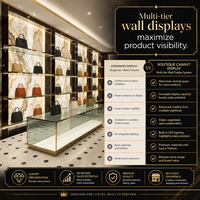 Vitrine de Luxe pour Sacs à Main de Marque avec Îlot Central Doré et Table en Verre – Ensemble de Mobilier Haut de Gamme pour Magasin de Détail – Présentoir pour Sacs de Créateurs