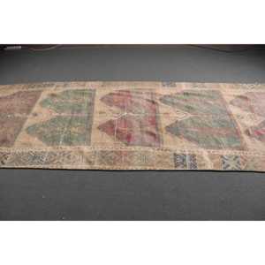 4.5x12.4 ft Vintage Turkish <b>Runner</b> Rug Red <b>Green</b> Ombr Wool Patchwork Rug with Eco-Friendly Latex Backing Medium Pile - Product Image 2