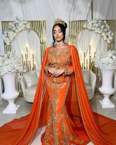 Élégant Caftan Orange avec Voile Traîne Orné de Perles de Verre en Cristal, Pierres, Perles et Broderie Dabka pour Mariage 2025 - Product Image 1