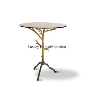 Mesa auxiliar de metal pulido brillante de color dorado con cono triangular, diseño martillado con mármol, logotipo personalizado de forma redonda superior - Product Image 6