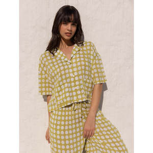 <b>Women's</b> <b>Yellow</b> Polka Dot Hand Printed Asymmetric Short Sleeve Button Shirt Loose Fit Turn-down Collar Casual Spring Summer <b>Top</b> - Product Image 1