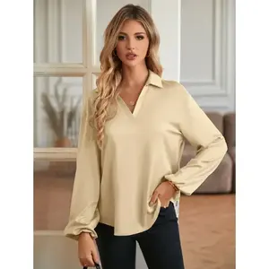 2024 Fashion Chic Office Ladies Loose Solid Color Silk Blouse Manufacturer Shirts Tops Long Sleeve Elegant Woman Satin Blouses