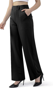 <b>WOMENS</b> WIDE LEG STRAIGHT BUSINESS CASUAL OFFICE <b>PANTS</b> PULL ON WORK TROUSERS WITH POCKETS - Product Image 3
