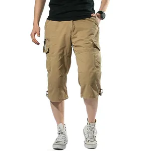 Uzun uzunluk kargo şort erkekler yaz çok cep rahat pamuk elastik kapri pantolonlar erkekler taktik kısa sıcak pantolon