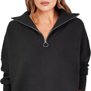 เสื้อสเวตเตอร์ผู้หญิง คอซิปครึ่งตัว ผ้าริบ ทรงหลวม แขนยาว สวมใส่สบาย เหมาะสำหรับฤดูหนาว รับผลิตตามสั่ง ขายส่ง น้ำหนักปานกลาง-หนัก - Product Image 1