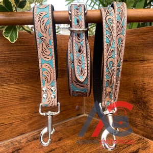 Collar de perro de cuero mecanizado a mano personalizado de fabricante, Correa resistente de cuero genuino de grano completo y juegos de cables de tráfico - Product Image 1