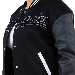 Top Quality <b>Short</b> Black Body with Leather <b>Sleeves</b> OEM Patch High Quality Newest Design Lettermen Varsity <b>Jacket</b> for Women 2025 - Product Image 4