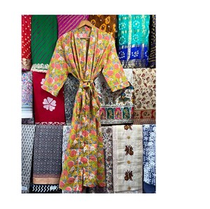 Kimono de luxe unisexe en coton imprimé bloc, cardigan, vêtements de nuit, robe de chambre, spa, hôtel, été, automne - Product Image 1