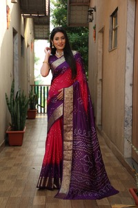 New Soft Bandhej Silk Sari with Zari Weaving Border and Pallu Beautiful Design for Women - Product Image 6