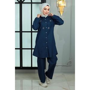 Conjunto Casual de 2 Piezas para Mujer, con Botones y Detalles en Denim, Cuello Redondo, Manga Larga, Talla XS, Top Corto y Falda Midi, para Verano - Product Image 1