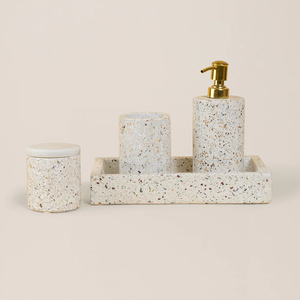 Ensemble de salle de bain en marbre de marque privée, accessoires de salle de bain haut de gamme, distributeur de savon, gobelet, plateau, finition chic - Product Image 4