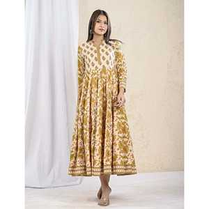 Vestido Largo de Algodón Estampado Color Crema Mostaza, Casual y Elegante, Transpirable, Talla Única y Largo hasta el Suelo, Moderno para Damas - Product Image 6