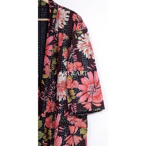 Kimono Kantha Hecho a Mano para Verano/Invierno/Primavera, Estampado Floral, Estilo Japonés Bohemio, Elegante, Informal, para la Playa, Multicolor, con Lazos Cortos - Product Image 3
