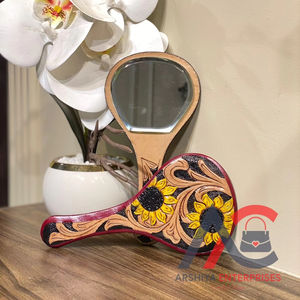 Designer Sunflower Print Hand Tooled Leather <b>Mirror</b> Women Western Stylish Handheld Makeup <b>Mirror</b> Perfect Best Gift for Her - Product Image 1