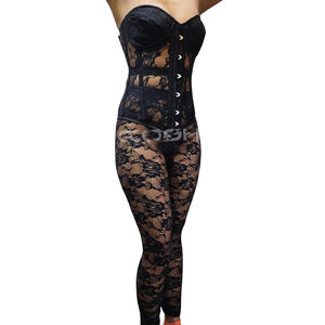 Sexy Overbust Black Floral Lace Overlay Steel Boned Overbust Corset and Matching Full-Length Mesh Leggings - Product Image 1
