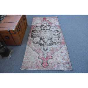 3.3x7.2 ft Rug, Vintage Turkish Rug, <b>Red</b> Gray Bordered <b>Wool</b> Rug - Product Image 1