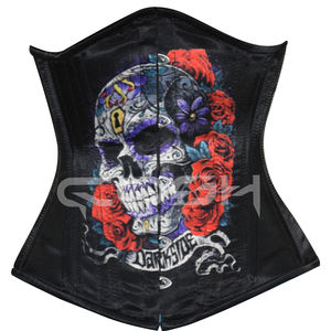 Underbust Steel Boned Waist Training Gothic Skull Printing Satin <b>Corset</b> - Product Image 1