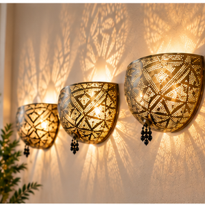 Lámpara de pared marroquí hecha a mano, globo de latón perforado, lámpara con diseño geométrico de estrellas, luz decorativa hueca. - Product Image 3