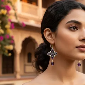 Pendientes de Plata 925 con Amatista Chapada en Oro, Joyería Religiosa Vintage con Piedras Preciosas para Mujer, para Regalo de Boda y Fiesta - Product Image 2