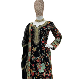 Lancement Couleur Noire Georgette Brodée Travail Pakistanais Sharara Salwar Kameez Tissu Ethnique Pour La Mariée Ou Les Femmes Portent - Product Image 3