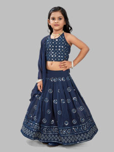 Ensemble Lehenga Choli pour enfants Shoryam Fashion Rama, style ethnique, travail de miroir, longueur au sol, avec dupatta, tenue de soirée de créateur pour filles - Product Image 3
