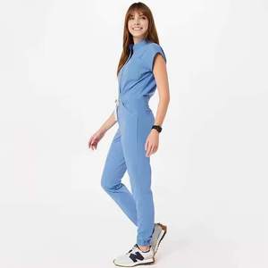 Mono médico azul para mujer, manga corta, cuello moderno, de una pieza uniforme de enfermera en la cintura con cordón, cómodo - Product Image 2