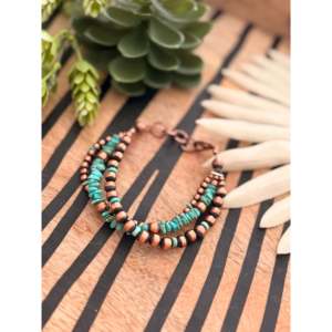 Navajo Style 3 Strand Kingman Turquoise & <b>Copper</b> Beaded Bracelet Machine Made Graduated Fashion Accessory - Product Image 2