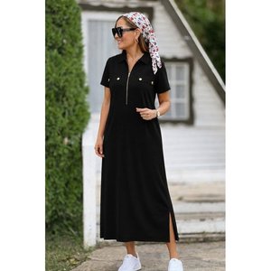 Robe longue en viscose à col et fermeture éclair, à manches courtes, pour femmes, 34659 - Noir - Product Image 1