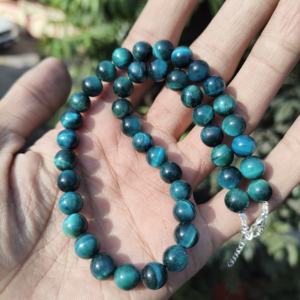 Sleek Blue Tiger's Eye 8mm Smooth Beads Unisex Beaded <b>Necklace</b> with Hook & <b>Chain</b> Sterling Silver Clasp Boho & Hippie Style - Product Image 1