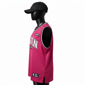 Camiseta de Baloncesto para Mujer, Tejido de Malla de Poliéster Suave y Transpirable, 180 GSM, Rosa Intenso, Panel de Canalé Atlético, Logotipo Bordado, Algodón - Product Image 3